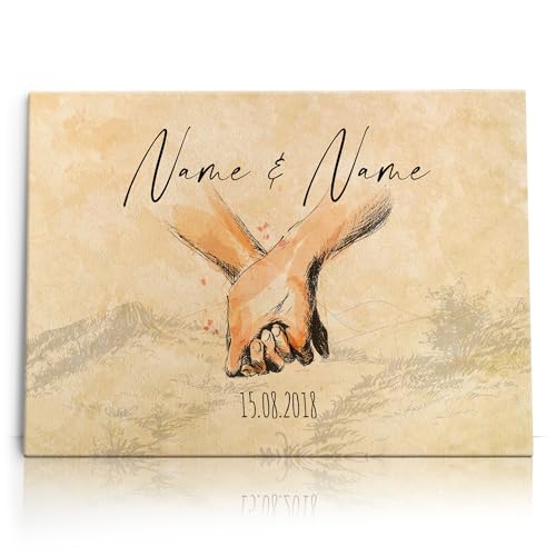 Liebesleinwand Hand in Hand | Leinwand mit Namen und Datum | Wandbild gestalten, Jahrestag Geschenk für Frauen und Männer von Liebesleinwand