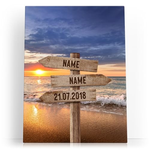 Liebesleinwand Leinwand personalisiert | Geschenk für sie oder ihn zum Jahrestag, Verlobung, Hochzeitstag | Leinwandbild gestalten mit Namen und Datum | Strandwegweiser von Liebesleinwand