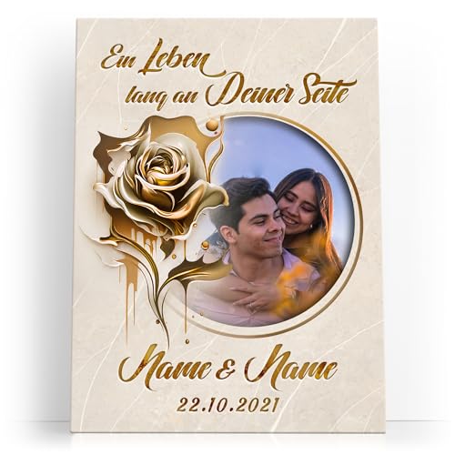 Liebesleinwand Personalisiertes Foto-Leinwandbild gestalten | Ewige Goldblüte | Geschenk zum Jahrestag, Hochzeitstag, Verlobung, Hochzeit | Leinwandbild gestalten mit Foto, Namen und Datum von Liebesleinwand