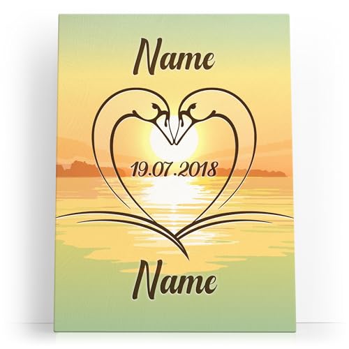 Liebesleinwand Personalisiertes Leinwandbild gestalten | Schwanenherz | Geschenk zum Jahrestag, Hochzeitstag, Verlobung, Hochzeit | Leinwandbild gestalten mit Namen und Datum von Liebesleinwand