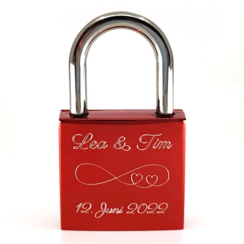 Liebesschloss Vorhängeschloss Rot mit persönlicher Diamant-Gravur 1 Schlüssel Romantisches Geschenk für Ihn/Sie von Liebesschloss24.de