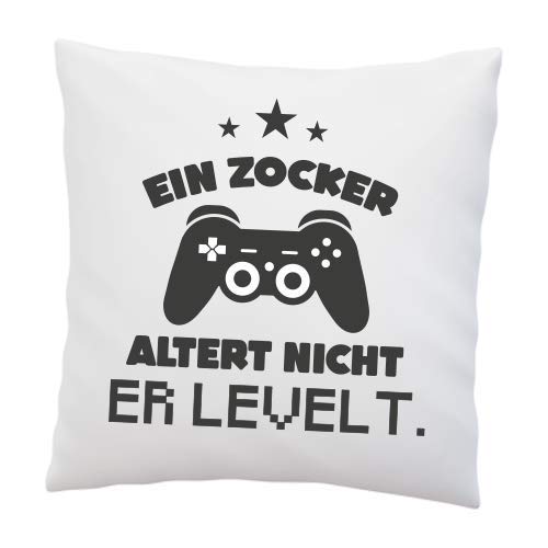 LIEBTASTISCH-Kissen mit Spruch EIN Zocker altert Nicht. Er levelt. - lustig - Geschenke für zocker - Gaming Kissen - Geburtstagsgeschenk - Geschenkideen - Deko Kissen 40x40cm Weiß von LIEBTASTISCH