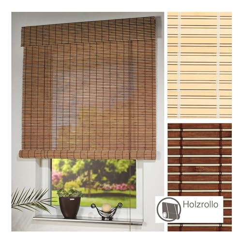 Liedeco Rollo Holz mit Seitenzug, Holzrollo für Fenster und Tür braun B 140 cm x L 170 cm von Liedeco