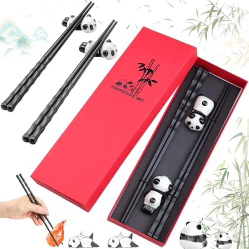 Liekadijiae 2 Paar Fiberglas Spülmaschinenfeste Essstäbchen, Essstäbchen, Wiederverwendbare Rutschfeste Essstäbchen, Essstäbchen mit 2 Chinesischen Panda Keramik Stäbchen Halter(mit Geschenkbox) von Liekadijiae