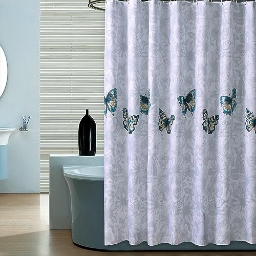 Lieson Anti Schimmel Duschvorhang Stoff 100x200CM Grau, Polyester Duschvorhänge Für Badewannen mit ÖSEN Schmetterlinge und Blumen Muster Vorhang Badezimmer mit Haken von Lieson