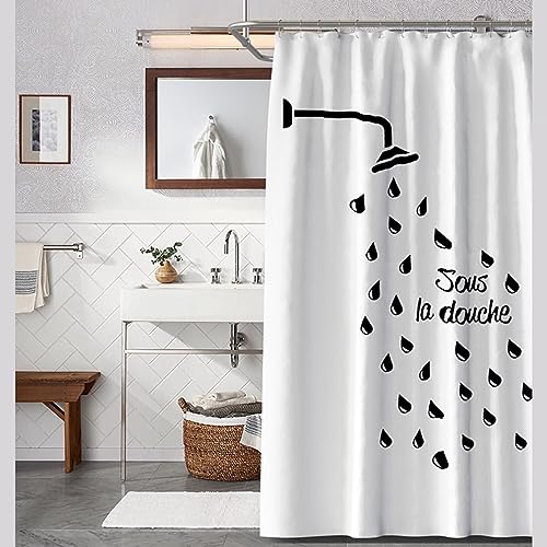 Lieson Badewannen Duschvorhang 240x200CM Schwarz Weiß, Polyester Duschvorhänge Anti Schimmel mit ÖSEN Duschkopf und Wassertropfen Muster Vorhang Badezimmer mit Haken von Lieson