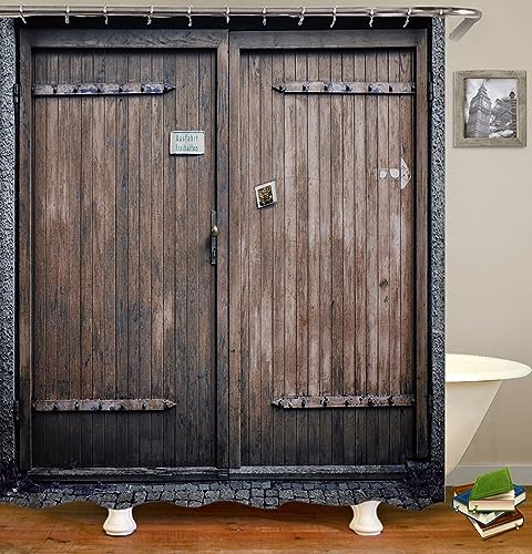 Lieson Badewannenvorhang 150x180CM Braun, Polyester Duschvorhang Antischimmel Waschbar mit ÖSEN Holztür Muster Duschvorhänge Textil mit Haken von Lieson