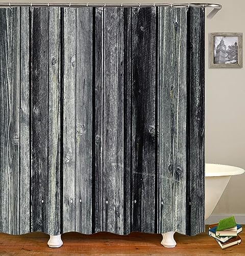 Lieson Badewannenvorhang 150x200CM Grau Schwarz, Polyester Duschvorhang Waschbar Anti Schimmel mit ÖSEN Holz Brett Muster Duschvorhänge Textil mit Haken von Lieson