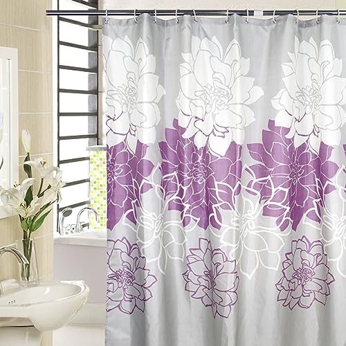 Lieson Badewannenvorhang 180x180CM Lila Grau, Polyester Anti Schimmel Duschvorhang Für Badewanne mit ÖSEN Blumen Muster Badezimmer Vorhang mit Haken von Lieson