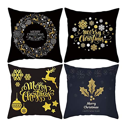 Lieson Couchkissen Weihnachten, Couchkissen Überzug Kissenbezüge 50 x 50 4er Set Schwarz Gold Merry Christmas Stern Schneeflocke Rotwild, Polyester von Lieson