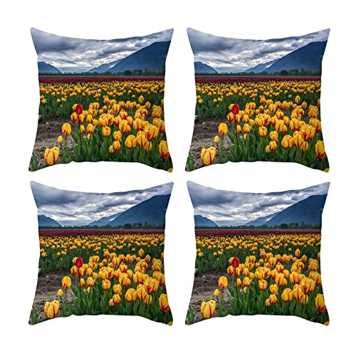 Lieson Dekokissen 40x40 4er Set, Kissenhülle Polyester Tulpen Berge Muster Kissenbezug Sofakissen Kissenbezüge für Sofa Gartenbett Couch Kissen, Gelb Grün Blau von Lieson