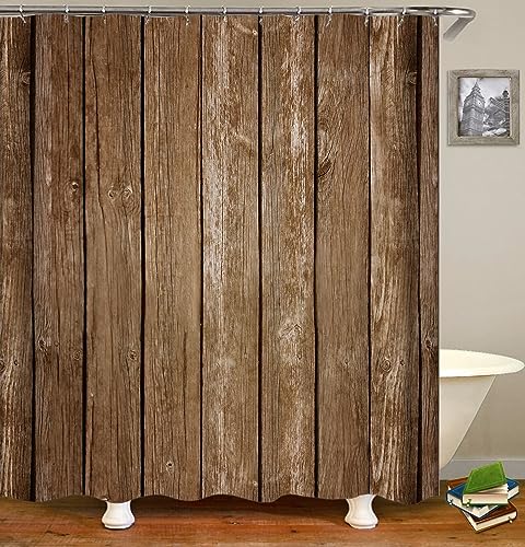 Lieson Duschvorhang 150x200CM Braun, Polyester Duschvorhang Waschbar Anti Schimmel mit ÖSEN Holz Brett Muster Badezimmer Duschvorhang mit Haken von Lieson