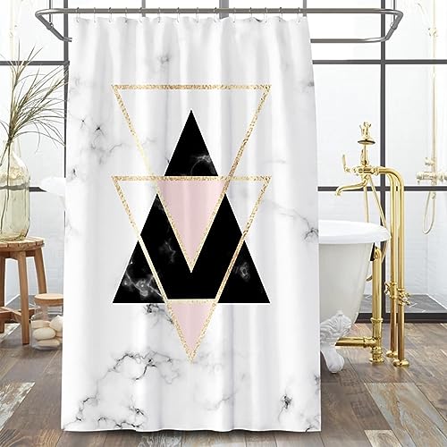 Lieson Duschvorhang 180x200CM Rosa Schwarz, Polyester Anti Schimmel Duschvorhang Wasserdicht mit ÖSEN Dreieck Marmor Muster Badezimmer Vorhang mit Haken von Lieson