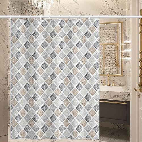 Lieson Duschvorhang Antischimmel 100x180CM Grau Braun, Polyester Duschvorhang Waschbar mit ÖSEN Geometrisch Raute Muster Vorhang Badewanne mit Haken von Lieson