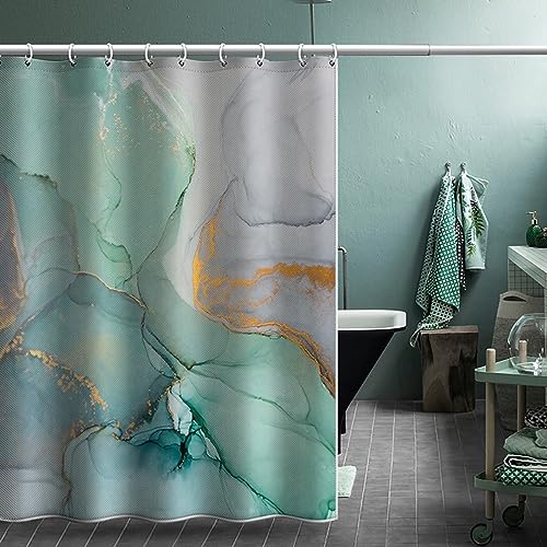 Lieson Duschvorhang Stoff 120x180CM Grün Grau, Polyester Antischimmel Duschvorhang Waschbar mit ÖSEN Marmor Muster Vorhang Badezimmer mit Haken von Lieson
