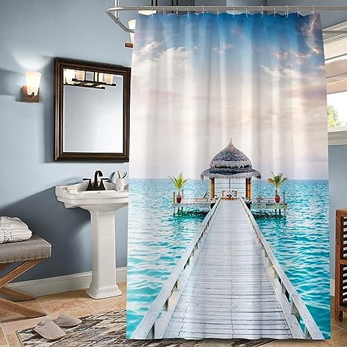 Lieson Duschvorhang Stoff 120x200CM Blau Grün, Polyester Anti Schimmel Duschvorhang Modern mit ÖSEN Holzbrücke und Meer Landschaft Vorhang Badezimmer mit Haken von Lieson