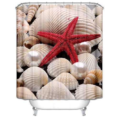 Lieson Duschvorhang Stoff 150x180CM Beige Rot, Polyester Duschvorhang Wasserdicht Antischimmel mit ÖSEN Muscheln Perlen und Seestern Badewanne Duschvorhang mit Haken von Lieson