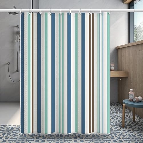 Lieson Duschvorhang Textil 120x180CM Blau Grün, Polyester Anti Schimmel Duschvorhang Wasserdicht mit ÖSEN Streifen Muster Badewanne Duschvorhang mit Haken von Lieson