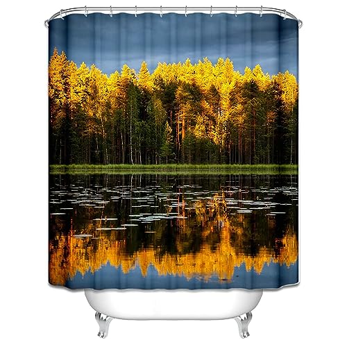 Lieson Duschvorhang Textil 180x180CM Gelb Grau Blau, Polyester Anti Schimmel Duschvorhang Badezimmer mit ÖSEN See und Baum Landschaft Badezimmer Vorhang mit Haken Lieson Duschvorhang Textil 180x180CM Gelb Grau Blau, Polyester Anti Schimmel Duschvorhang Badezimmer mit ÖSEN See und Baum Landschaft Badezimmer Vorhang mit Haken von Lieson