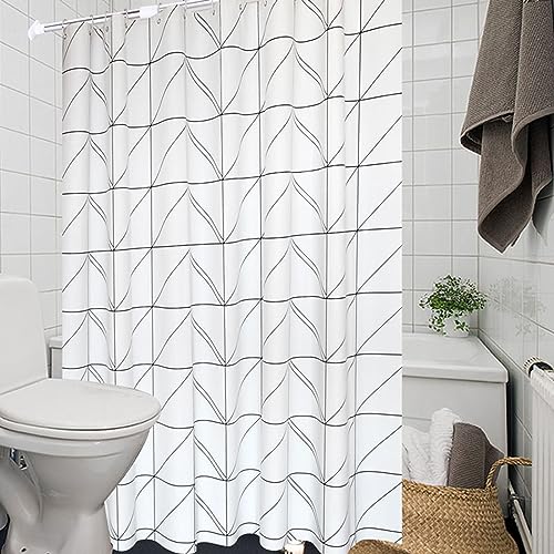 Lieson Duschvorhang Textil 180x200CM Schwarz Weiß, Polyester Duschvorhang Anti Schimmel Waschbar mit ÖSEN Geometrisch Linien Muster Badewanne Vorhang mit Haken von Lieson