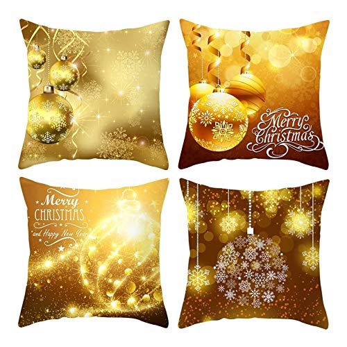 Lieson Kissenbezüge Weihnachtsmotiv, Couchkissen Bezug Kissenhülle Weihnachten 40x40 4er Set Gold Kugeln Schneeflocke Merry Christmas, Polyester von Lieson