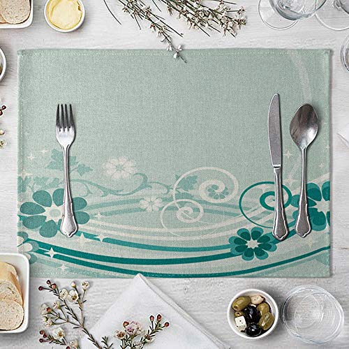 Lieson Platzdeckchen 2er Set, Abwaschbar Tischsets, Platzset Waschbar Stoff Baumwolle Leinen Blumen Filament Muster Blau Weiß 40x30CM von Lieson