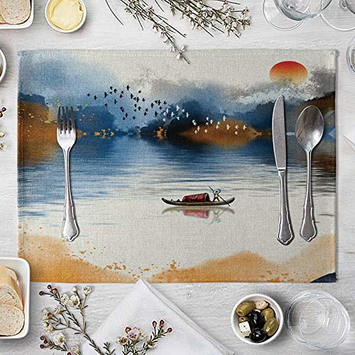Lieson Platzdeckchen 4er Set, Tischsets Abwaschbar, Platzsets Waschbar Baumwolle Leinen Berg Fischerboote und Vogelschwärme Blau Braun Weiß 40x30CM Lieson Platzdeckchen 4er Set, Tischsets Abwaschbar, Platzsets Waschbar Baumwolle Leinen Berg Fischerboote und Vogelschwärme Blau Braun Weiß 40x30CM von Lieson