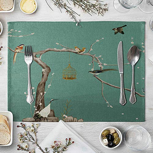Lieson Platzset 2er Set, Tischsets Abwaschbar, Tischsets Stoff Baumwolle Leinen Baum VogHirschäfig und Vogel Grau Grün 40x30CM von Lieson