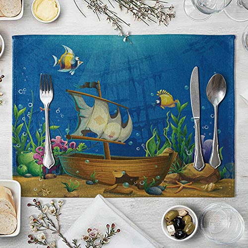 Lieson Platzsets 4er Set, Tischsets Abwaschbar, Platzset Baumwolle Leinen Schiffbruch und Fisch Blau Braun Grün 40x30CM von Lieson