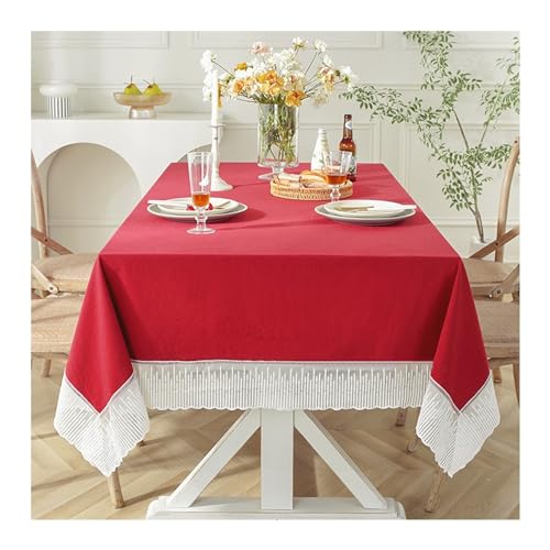 Lieson Rechteckige Tischdecken 100x140 cm, Baumwolle Tischwäsche Abwaschbar Einfarbig mit Spitze Gewellterrand Tischdecke für Geburtstag Party Hochzeit, Rot von Lieson