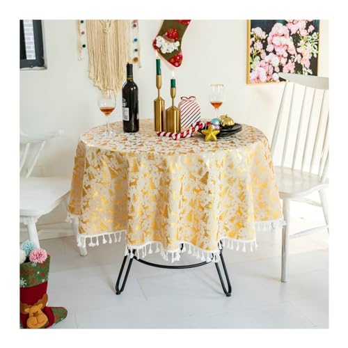 Lieson Runde Tischdecke 120 cm, Baumwolle Leinen Tischwäsche Abwaschbar Weihnachtenbäume und Hirsch Muster mit Fransen Tafeldecke für Couchtisch, Gartentisch, Gold von Lieson
