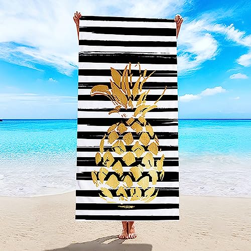 Lieson Strandtücher Mikrofaser, Badetuch Strandlaken Handtuch 70x150CM Sandfreie, Schnell Trocknende Ananas mit Gestreift Schwarz Weiß Gelb Tragbares Saunatuch Badehandtuch von Lieson