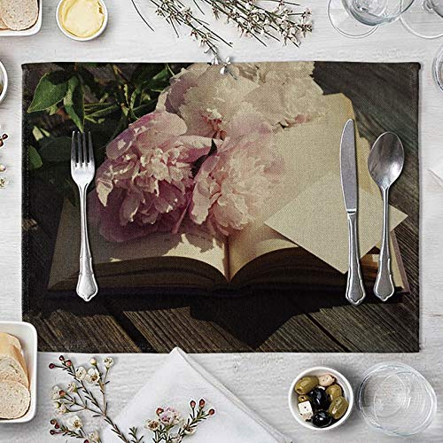 Lieson Tischset 2er Set, Platzsets Abwaschbar, Platzset Baumwolle Leinen Rose Auf Dem Buch Rosa Beige 40x30CM von Lieson