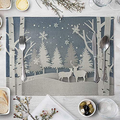 Lieson Tischset 4er Set, Platzdeckchen rutschfest Abwaschbar, Tischsets Baumwolle Leinen Waldbaum und Hirsch Grau Blau 40x30CM von Lieson