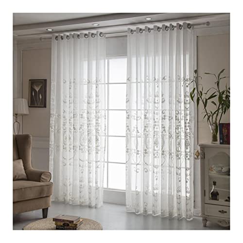 Lieson Tüll Gardinen Modern Wohnzimmer 2er Set, Leinen Transparenter Vorhang mit Ösen Blumenmuster Vorhänge Schlafzimmer Weiß 86x183CM von Lieson