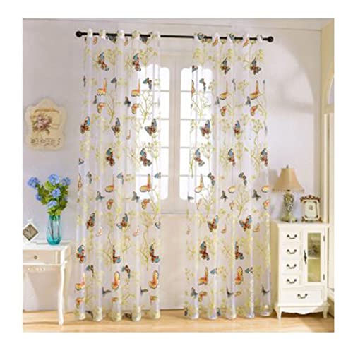 Lieson Tüll Gardinen Schlafzimmer Modern 2er Set, Leinen Vorhänge Halbtransparent mit Ösen Transparent Schmetterlinge Vorhang Wohnzimmer Bunt 86x115CM von Lieson