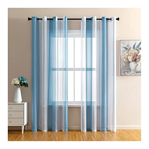 Lieson Vorhänge Tüll Schlafzimmer Modern 2er Set, Polyester Vorhang Lichtdurchlässig mit Ösen Transparent Streifen Gardinen Wohnzimmer Blau 107x147CM von Lieson