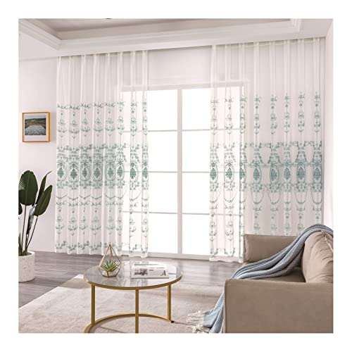 Lieson Vorhang Gardinen Schlafzimmer 2er Set, Leinen Gardinen Durchsichtig mit Ösen Stickerei Blumenmuster Vorhänge Wohnzimmer Blau Grün 107x229CM von Lieson