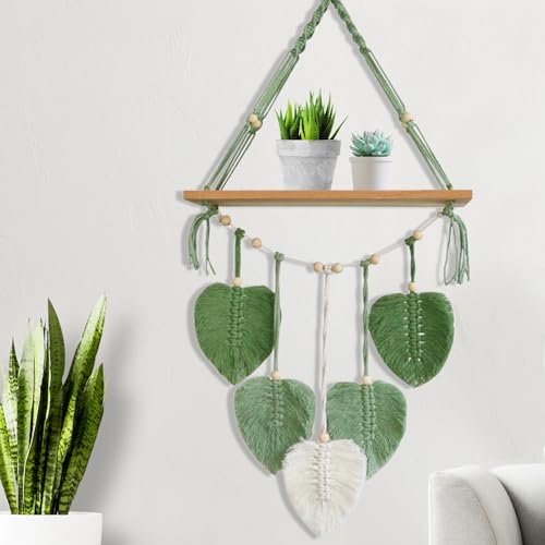 Lieson Wandregal Schweberegal Holz Makramee Wandbehang Boho Deko Regal Wand Hängeregal Grüne Blätter Quasten Handgewebte Chic Schwimmende Regale Für Wohnzimmer Schlafzimmer von Lieson