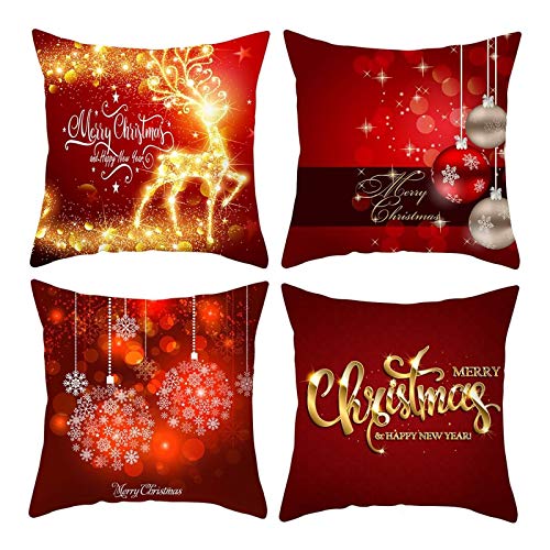 Lieson Weihnacht Kissenhülle, Sofakissen Vintage 45x45 Kissenbezüge Weihnachten 4er Set Braun Hirsch Schneeflocke Kugeln Merry Christmas, Polyester von Lieson