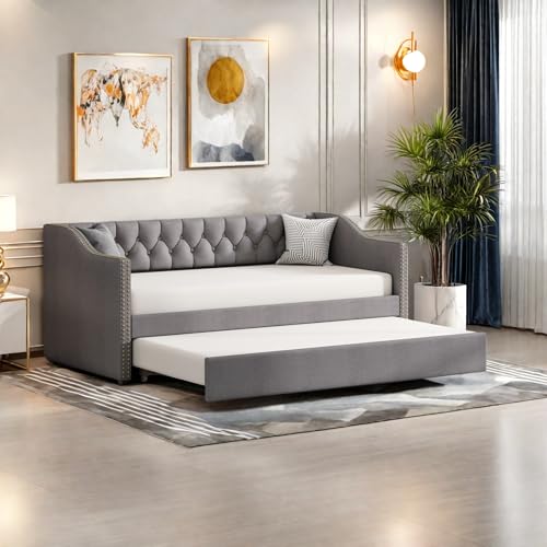 90 x 200 cm Ausziehbares Schlafsofa Polsterbett, Tagesbett Ausklappbar, DoppelBettrahmen Gästebett mit Lattenrost, Leinenstoff (Grau) von Lietre