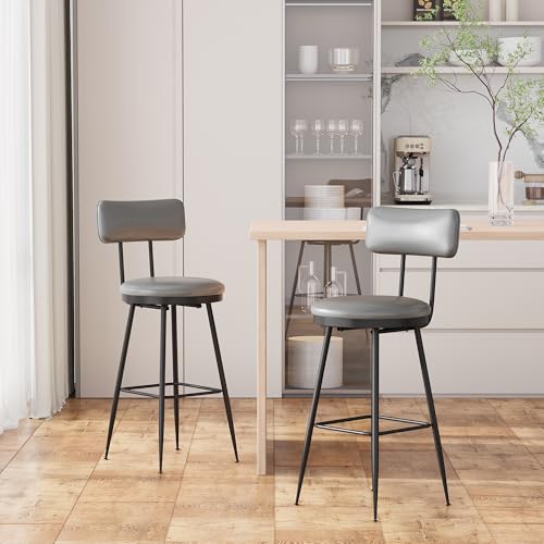 Barhocker aus PU-Leder, mit Rückenlehne und Fußstütze, Thekenhocker, Metallbeine, moderne Küchenstühle, ohne Armlehnen (Dunkelgrau, 2 Stück) von Lietre