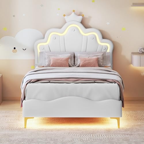 Bett für Mädchen, 90 x 200 cm, mit LED, Prinzessin, gepolstert, mit Lattenrost mit verstellbarem Kopfteil in Kronenform, PU, Einzelbett für Mädchen (ohne Matratze) (weiß) von Lietre