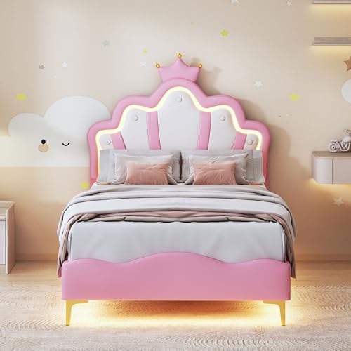 Bett für Mädchen, 90 x 200 cm, mit LED, Prinzessin, gepolstertes Bett mit Lattenrost mit verstellbarem Kopfteil in Kronenform, PU Einzelbett für Mädchen (ohne Matratze) (Rosa) von Lietre