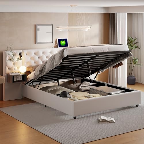 Lietre Doppelbett 140x200cm mit Stauraum, Bett mit Nachttischen und Breitem Kopfteil, Hydraulisch Bettgestell mit Leselicht und USB Ladefunktion, Polsterbett Stauraumbett, Samt, Ohne Matratze von Lietre