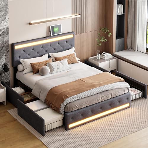 Betten 160 x 200, Doppelbett mit LED und USB Aufladung, Bett mit 4 schubladen und höhenverstellbarem Kopfteil, Polsterbett Jugendbett Stauraumbetten, Leinen, ohne Matratze (Grau, 160x200 cm) von Lietre