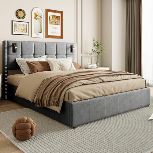 Boxspringbett Polsterbett 140x200 cm mit Leseleuchte, Doppelbett mit Stauraum, Hydraulisch Stauraumbett, Jugendbett Bettgestell mit Lattenrost, Samt (Grau, 140X200) von Lietre