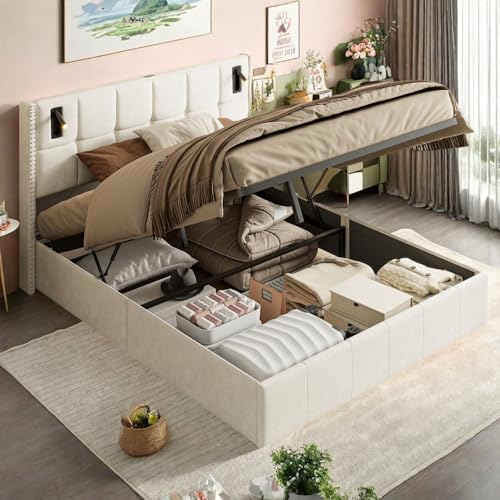 Boxspringbett Polsterbett 140x200 cm mit Leseleuchte, Doppelbett mit Stauraum, Hydraulisch Stauraumbett, Jugendbett Bettgestell mit Lattenrost, Samt (beige, 140X200) von Lietre