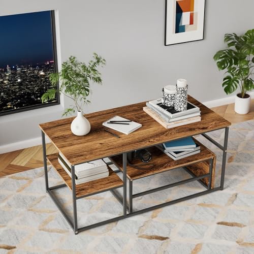 Couchtisch Rechteckig 2er Set 105X48.5cm mit Stauraum, Wohnzimmertisch Sofa Tische Moderner, Satztische, Eckig Metallgestell, Kaffetisch für Wohnzimmer (Schwarze Tischbeine + Holzmaserungsplatte) von Lietre