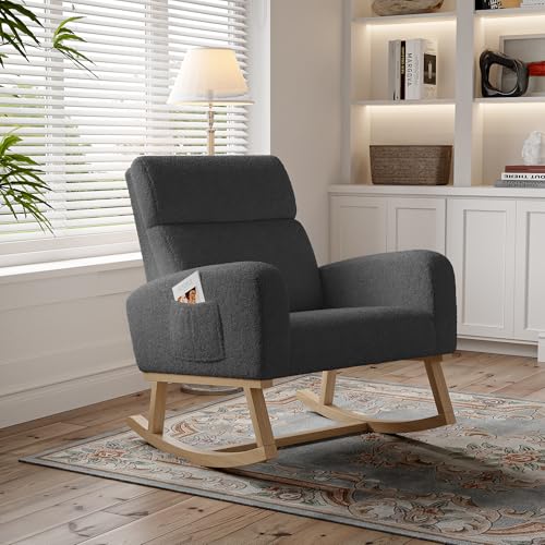 Gepolsterter Schaukelstuhl, Lesesessel mit hoher Rückenlehne, Schaukelstuhl aus Stoff mit Holzfüßen für Wohnzimmer und Schlafzimmer (Teddy, Dunkelgrau) von Lietre